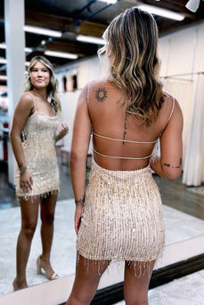 Sparkly Apricot Spaghettis Straps Sequined Homecoming Dress with Fringes
