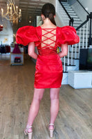 Load image into Gallery viewer, Sparkly Red Bodycon Beaded Homecoming Dress with Puff Sleeves