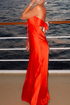 Red Satin Sheath Spaghetti Straps Long Wedding Guest Dress