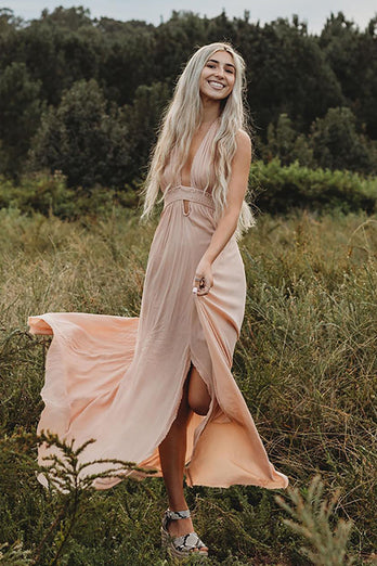 Light Pink Sheath Halter Maxi Wedding Guest Dress with Slit