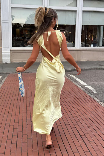 Yellow A Line Thick Straps Satin Maxi Wedding Guest Dress