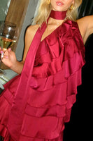 Load image into Gallery viewer, Burgundy Satin One Shoulder Neck Scarf Mini Dress with Ruffles