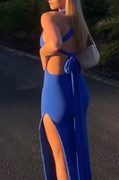 Load image into Gallery viewer, Royal Blue Satin Sheath Square Neck Long Wedding Guest Dress with Slit