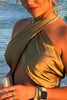 Load image into Gallery viewer, Gold Satin Halter Cut Out Ruched Mini Dress