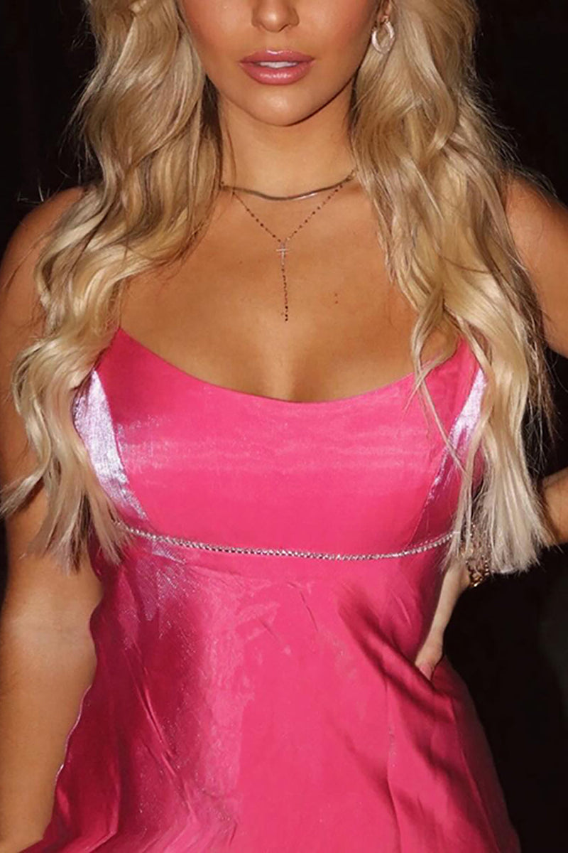 Load image into Gallery viewer, Sparkly Fuchsia Satin Beaded Spaghetti Straps Mini Dress