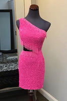Load image into Gallery viewer, Sparkly Turquoise One Shoulder Bodycon Homecoming Dress with Sequins