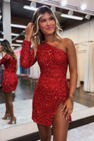 Load image into Gallery viewer, Sparkly Red One Shoulder Sequined Homecoming Dress with Slit