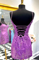 Load image into Gallery viewer, Sparkly Purple Spaghetti Straps Tight Short Homecoming Dress with Sequins