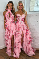 Load image into Gallery viewer, Blush A Line Sweetheart Tiered Long Corset Prom Dress with Printed Flower