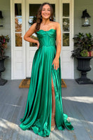 Load image into Gallery viewer, Dark Green A Line Strapless Corset Long Prom Dress with Slit