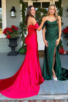 Load image into Gallery viewer, Red Corset Appliqued Sparkly Long Prom Dress with Slit