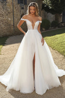 Load image into Gallery viewer, Ivory Off the Shoulder Ball Gown Lace Wedding Dress with Slit