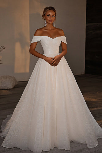 Glitter Ivory Ball Gown Off the Shoulder Backless Long Wedding Dress