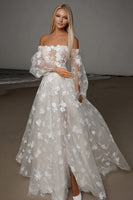 Load image into Gallery viewer, Foral Ivory A Line Sheer Lace Wedding Dress with Long Sleeves