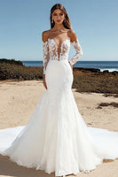 Load image into Gallery viewer, Floral Ivory Corset Long Sleeves Wedding Dress with Lace