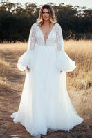 Load image into Gallery viewer, Plus Size A Line Ivory Lace Deep V-Neck Wedding Dress with Long Sleeves