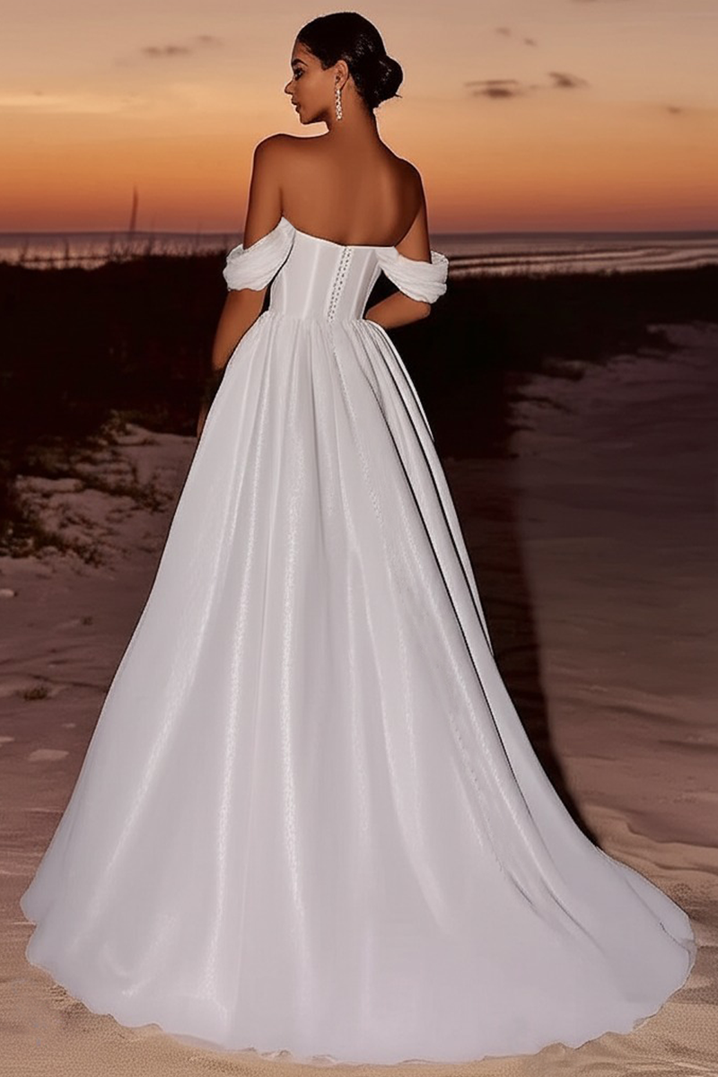 Load image into Gallery viewer, Ivory A Line Off the Shoulder Organza Wedding Dress with Drape