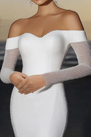 Load image into Gallery viewer, Elegant Ivory Off the Shoulder Mermaid Matte Satin Wedding Dress with Long Sleeves