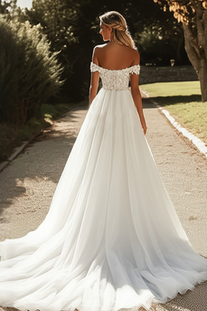 Ivory A Line Tulle Off the Shoulder Wedding Dress with Lace Appliques