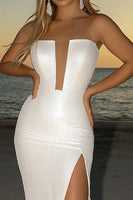 Load image into Gallery viewer, Ivory Mermaid Straight Neck Strapless Wedding Dress with Slit