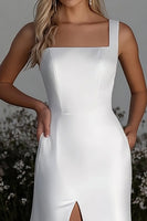 Load image into Gallery viewer, Column Square Neck Satin Ivory Sweep Train Wedding Dress with Slit