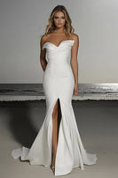 Load image into Gallery viewer, Satin Off the Shoulder Ivory Mermaid Wedding Dress with Slit