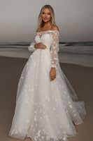 Load image into Gallery viewer, Ivory Off the Shoulder Lace Embroideried Wedding Dress with Long Sleeves