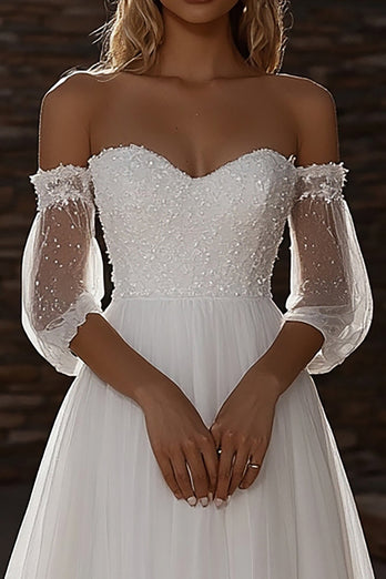 Ivory Sweetheart A Line Tulle Wedding Dress with Lace