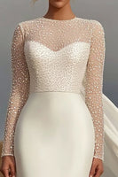 Load image into Gallery viewer, Ivory Satin Sheath Floor Length Illusion Neck Wedding Dress with Watteau Train
