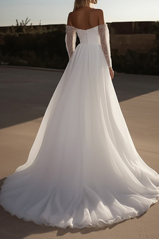 Off the Shoulder Ivory A Line Wedding Dress with Long Sleeves