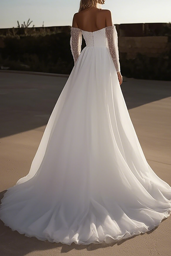 Off the Shoulder Ivory A Line Wedding Dress with Long Sleeves