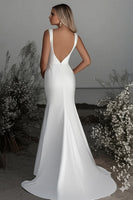 Load image into Gallery viewer, Ivory Satin Boat Neck Sheath Sweep Train Wedding Dress with Slit