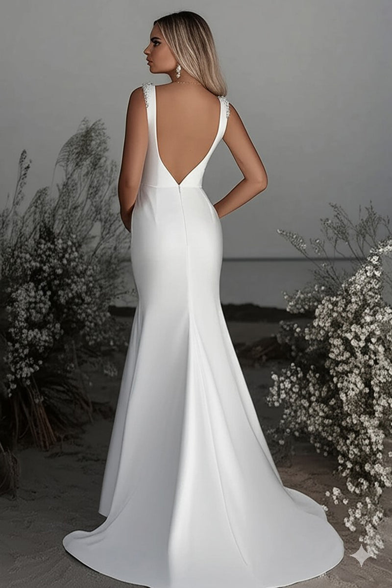 Load image into Gallery viewer, Ivory Satin Boat Neck Sheath Sweep Train Wedding Dress with Slit