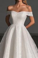 Load image into Gallery viewer, Ball Gown Ivory Off the Shoulder Lace Tulle Sweep Train Wedding Dress