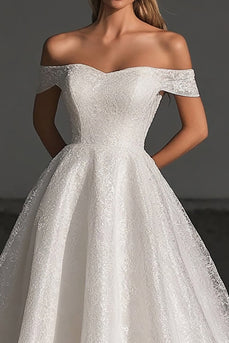 Ball Gown Ivory Off the Shoulder Lace Tulle Sweep Train Wedding Dress