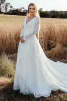Load image into Gallery viewer, Ivory V-Neck A Line Long Sleeves Sweep Train Wedding Dress with Lace