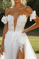 Load image into Gallery viewer, Ivory Appliques Sweetheart A Line Tulle Wedding Dress with Slit