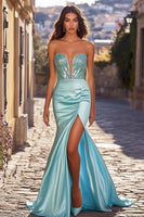 Load image into Gallery viewer, Sparkly Blue Corset Strapless Satin Long Prom Dress with Slit