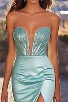 Load image into Gallery viewer, Sparkly Blue Corset Strapless Satin Long Prom Dress with Slit