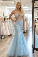 Load image into Gallery viewer, Sparkly Sky Blue Corset Mermaid Long Prom Dress