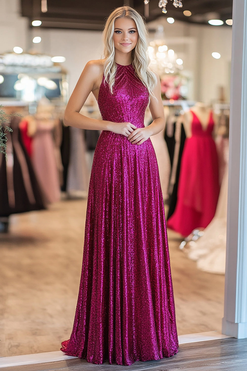 Metallic Fuchsia Halter Corset A Line Long Prom Dress