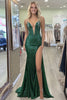 Load image into Gallery viewer, Sparkly Dark Green Deep V-Neck Corset Prom Dress with Slit