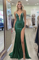 Load image into Gallery viewer, Sparkly Dark Green Deep V-Neck Corset Prom Dress with Slit