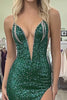 Load image into Gallery viewer, Sparkly Dark Green Deep V-Neck Corset Prom Dress with Slit