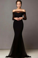 Load image into Gallery viewer, Elegant Black Mermaid Off the Shoulder Prom Dress with Sleeves