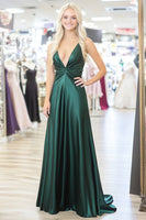 Load image into Gallery viewer, Simple Dark Green V-Neck Satin Ruched Long Prom Dress