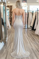 Load image into Gallery viewer, Sparkly Silver Corset Sequin Long Prom Dress with Slit