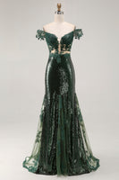 Load image into Gallery viewer, Sparkly Off the Shoulder Dark Green Sequins Mermaid Prom Dress