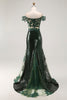 Load image into Gallery viewer, Sparkly Dark Green Mermaid Off the Shoulder Sequins Long Prom Dress