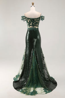Sparkly Dark Green Mermaid Off the Shoulder Sequins Long Prom Dress